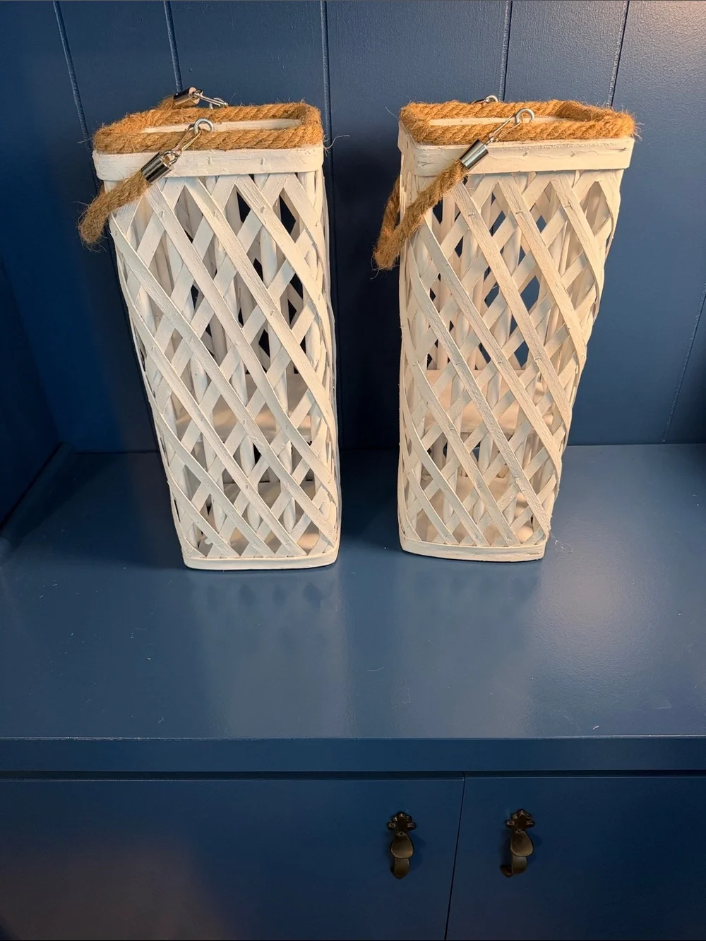 White Woven Lantern Pair with Rope Handles -